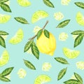 pattern on blue background with a fresh lemon in the center and lemon wedges and flowers for fabric, label drawing