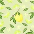 pattern with a fresh lemon in the center and lemon wedges and flowers for fabric,label drawing, printing on T-shirts