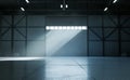 A bright light shines in through the open doors of the hangar, as depicted in a 3D rendering Royalty Free Stock Photo