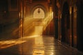 A bright light shines through an open doorway, illuminating the interior of a building, A mosque bathed in warm golden light,