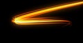 Bright light trail, orange neon glowing wave trace, energy flash and fire effect. Magic glow swirl trace path, on black background Royalty Free Stock Photo
