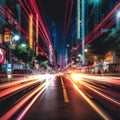 Bright light trails and neon lights along a citystreet created with Generative AI Royalty Free Stock Photo