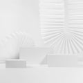 Bright light white abstract stage with three different rectangle stands mockup with round ribbed paper fans, blinds arch.