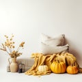 Bright light yellow and white cozy autumn interior decor arrangement, fall home decorations with candles and warm