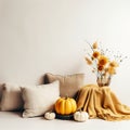 Bright light yellow and white cozy autumn interior decor arrangement, fall home decorations with candles and warm