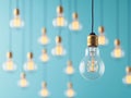 Bright lightbulb glows in front of blurred lightbulbs on light blue background. Modern design. Simple, trendy lighting concept. Royalty Free Stock Photo