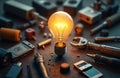 Bright lightbulb shines among various workshop tools, tech gadgets, many small electronic components. Image new ideas, Royalty Free Stock Photo