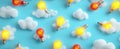 The Bright Lightbulbs Floating Among Fluffy Clouds in a Blue Sky.AI generated image Royalty Free Stock Photo