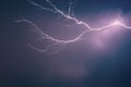 Bright lightning against background of dramatic night sky with clouds, discharged atmospheric electricity in air