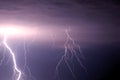 Bright lightning discharges in the stormy sky under dark purple rain clouds