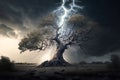 Bright lightning hit the tree. Generative AI Royalty Free Stock Photo