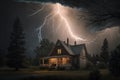 Bright lightning over countryside house. Generative AI Royalty Free Stock Photo