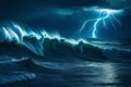 Bright lightning in a raging sea. A strong storm in the ocean. Big waves. Night thunderstorm