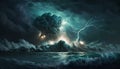 Bright lightning in a raging sea. A strong storm in the ocean. Big waves. Night thunderstorm. Generative ai