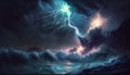 Bright lightning in a raging sea. A strong storm in the ocean. Big waves. Night thunderstorm. Generative ai