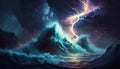 Bright lightning in a raging sea. A strong storm in the ocean. Big waves. Night thunderstorm. Generative ai