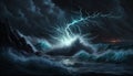 Bright lightning in a raging sea. A strong storm in the ocean. Big waves. Night thunderstorm. Generative ai