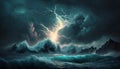 Bright lightning in a raging sea. A strong storm in the ocean. Big waves. Night thunderstorm. Generative ai