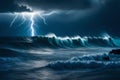 Bright lightning in a raging sea. A strong storm in the ocean. Night thunderstorm beautiful view of night in ocean