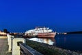 Russia, Kostroma, August 2020. Night view of the ship at the pier. Royalty Free Stock Photo