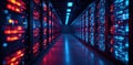 Bright lights illuminate powerful server racks; data streams visualized as glowing lines cybersecurity data hardware