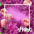 Bright lilac flowers and tulips decorative frame template