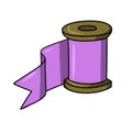 Bright lilac silk ribbon wound on a spool, vector cartoon