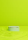 Bright, lime, neon green 3D rendering minimal product display one luxury cylinder podium or stand on wavy textile product