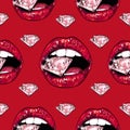 Bright lips holding a sparkling brilliant. Seamless pattern. Realistic drawing. Red background