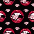 Bright lips holding a sparkling brilliant. Seamless pattern. Realistic graphic drawing. Background. Black color