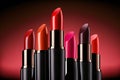Bright lipstick of different colors shades of colored lipstick for lips. Professional makeup tool, blurred background Royalty Free Stock Photo