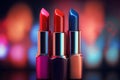 Bright lipstick of different colors shades of colored lipstick for lips. Professional makeup tool, blurred background Royalty Free Stock Photo