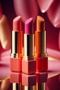 Bright lipstick of different colors shades of colored lipstick for lips. Professional makeup tool, blurred background Royalty Free Stock Photo