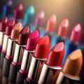 Bright lipstick of different colors shades of colored lipstick for lips. Professional makeup tool, blurred background Royalty Free Stock Photo