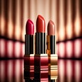 Bright lipstick of different colors shades of colored lipstick for lips. Professional makeup tool, blurred background Royalty Free Stock Photo