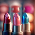 Bright lipstick of different colors shades of colored lipstick for lips. Professional makeup tool, blurred background Royalty Free Stock Photo