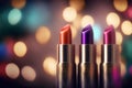 Bright lipstick of different colors shades of colored lipstick for lips. Professional makeup tool, blurred background Royalty Free Stock Photo