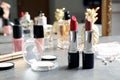 Bright lipsticks on dressing table Royalty Free Stock Photo