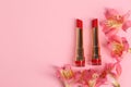 Bright lipsticks and spring flowers on pink background