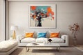 Bright living room with abstract painting on wall, sofa and table, white minimalist home or office interior. Modern design and Royalty Free Stock Photo