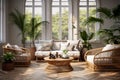 Bright living room design with Wicker furniture and accessories large potted tropical plants three large windows Generative AI