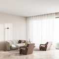 Bright living room interior with empty wall, two armchairs, sofa Royalty Free Stock Photo