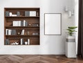 Bright living room interior with empty white poster, bookshelves Royalty Free Stock Photo