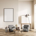 Bright living room interior with empty white poster, grey armchairs