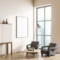 Bright living room interior with empty white poster, panoramic window Royalty Free Stock Photo