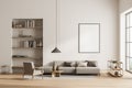 Bright living room interior with empty white poster, panoramic window Royalty Free Stock Photo