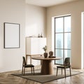 Bright living room interior with empty white poster, panoramic window Royalty Free Stock Photo