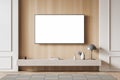 Bright living room interior with empty white poster, shelf with books