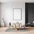 Bright living room interior with empty white poster, table, chairs Royalty Free Stock Photo