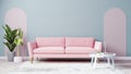 Bright living room mock up with pink sofa and light blue wall, pink arches on wooden floor, green plants, living room interior Royalty Free Stock Photo